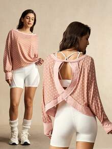 VARSIVA Women's Polka Dot Print Cross Wrap Open Back Loose Fit Casual T-Shirt, Spring/Autumn - Multicolor - View 2