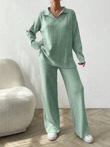 EURMUSE 2buc/Set Pulover tricotat largi cu guler polo cu nervuri uni - Menta verde - Vizualizare 3
