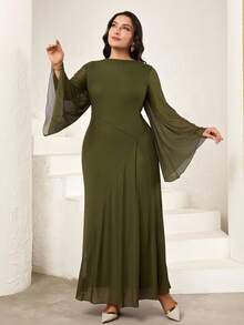Veilorie Vestido elegante de unicolor para mujer de talla grande - Verde militar - Ver 4