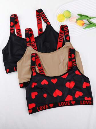 Snug Zone 3 st Plus Size Hjärt- & Bokstavstryck-Bralette Med Mjuka Band Utan Stålringar Sport, Lyft