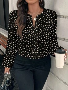 EMERY ROSE Camisa elegante y vintage de talla grande con estampado asimétrico de lunares y leopardo