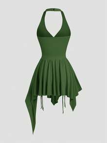 Sweetra Asymmetrical Waist Cinched Stylish Rugged Vintage Inspired Midi Dress, Flattering Fit - Green - View 2