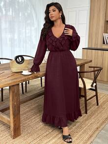 Weeklong Plus Size Women Solid Color Ruffle Trim Front Tie Long Sleeve Elegant Dress - Burgundy - View 4