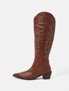 Styleloop Botas altas de estilo occidental con bordado marrón para mujer - Marrón - Ver 2