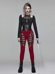 ROMWE Goth Leggings ajustados de estilo gótico punk para mujer con tirantes y remaches - Burdeos - Ver 5