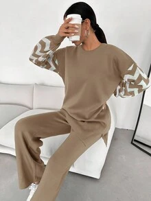 EURMUSE Striped Contrast Color Round Neck Sweater And Pants Two Piece Set - Mocha Brown - View 3