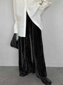 FRIFUL Women's Solid Brown Velvet Elastic Waist Loose Casual Straight Leg Pants, Autumn - Black - View 2