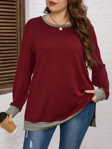 EMERY ROSE Plus Size Women's Casual Colorblock Round Neck Long Sleeve Sweatshirt, Spring And Autumn Holiday/Winter - Red - View 1