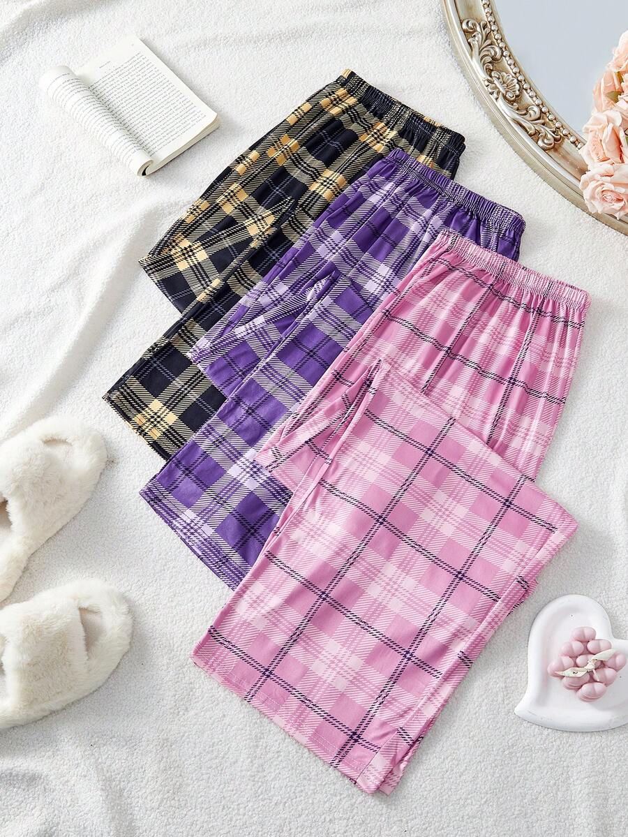 Snug Zone 3pcs/Set Plus Size Women Elastic Waist Loose Plaid Pajama Cozy Pants, Fall Winter Clothes - Multicolor - View 1
