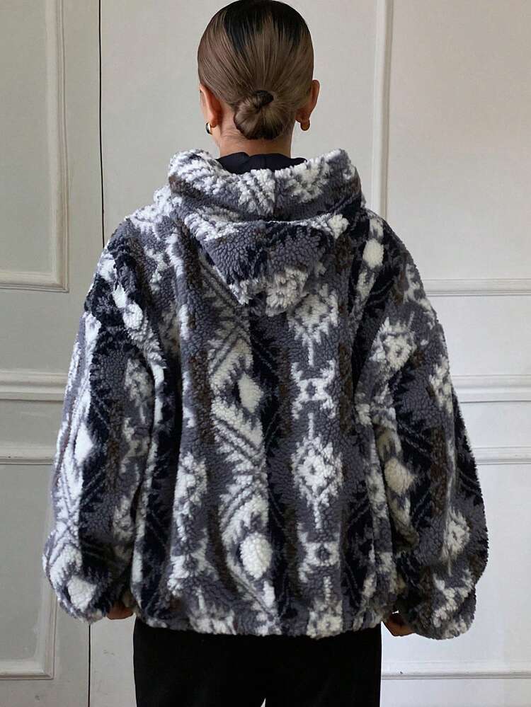 Floral Print Vintage Sherpa Lined Hooded Zip-Up Loose Casual Street Jacket For Women, Autumn/Winter