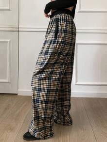 DAZY Women Contrast Color Waist Loose Plaid Drawstring Elastic Waist Wide Leg Pants Fall - Brown - View 5