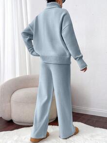 EURMUSE 2pcs/Set High Neck Cable Knit Pullover Sweater And Knitted Long Pants - Baby Blue - View 3