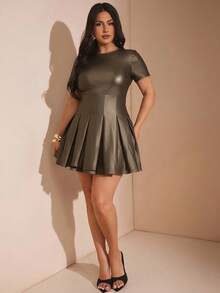 SHEIN BAE 大码女装、曲线服装、夏季海滩度假服装、约会、外出、音乐节、乡村音乐节、派对聚会、节日服装、音乐会服装、狂欢节派对服装、节日服装、INS 风格服装、卡其色西装裤、办公室服装、通勤服装、工作服、短袖迷你连衣裙、女士生日连衣裙、女士太阳裙、PU 连衣裙 - 棕色 - 查看 4