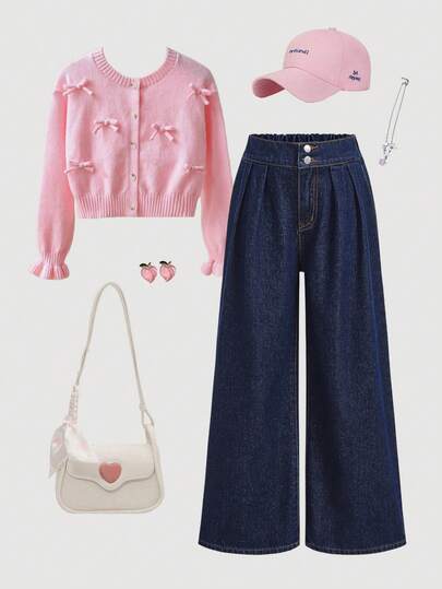 SHEIN Girlism 女童宽松荷叶边下摆深蓝色牛仔裤