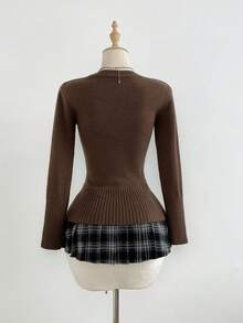 Elamini Cárdigan casual ajustado para mujer con bloques de color y decoración de lazo, de manga larga - Marrón - Ver 2