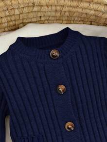 SHEIN 新生女婴可爱秋冬针织连体衣，带连脚裤和帽子套装，百搭 - 藏蓝色 - 查看 5