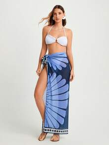 CAJUNI 女士性感海滩度假风格花卉印花侧系带开衩罩衫和裙子套装 - 藍色 - 查看 5