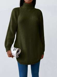 EURMUSE 女式纯色立领插肩长袖宽松休闲毛衣 - 軍綠色 - 查看 5