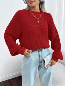 EURMUSE Women Solid Color Round Neck Drop Shoulder Chunky Pullover Autumn - Red - View 6