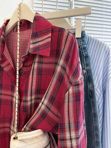 Airaco Camisa holgada casual a cuadros, favorecedora - Rojo - Ver 8