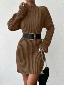SHEIN Cottnline Women Solid Color Stand Collar Raglan Sleeve Long Sleeve Knit Dress,Petite - Brown - View 6