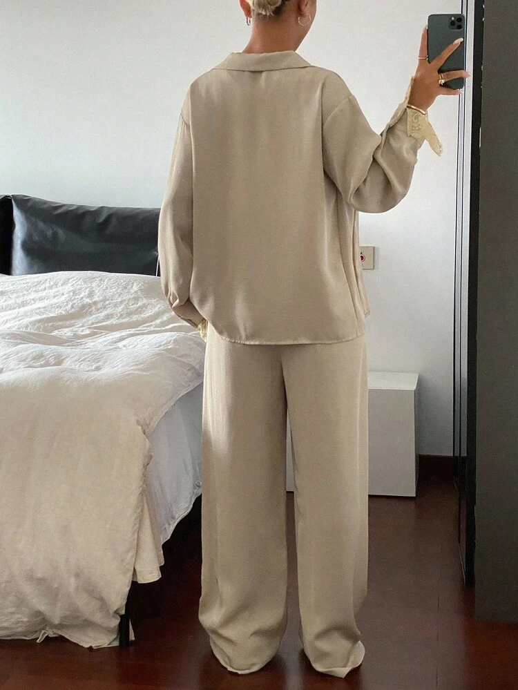 2pcs Women Casual Solid Color Shirt And Wide Leg Pants Set, Autumn Lounge Sets For Women