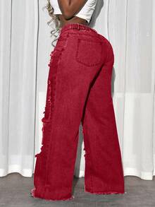 Slaydiva Women's Casual Washed Frayed Ripped Wide Leg Jeans - Red - View 2