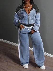 Slaydiva Áo khoác denim nữ có mũ trùm đầu, dây rút, khóa kéo, kiểu dáng thường ngày, đa năng. - Màu xanh lam - Xem 2