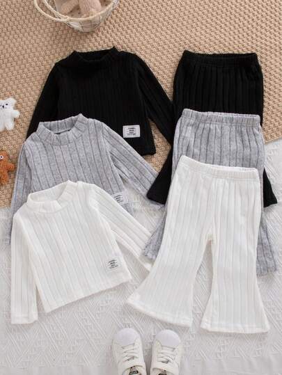 SHEIN 6 件套女婴休闲简约白、黑、灰色圆领长袖上衣搭配白、黑、灰色喇叭裤 3 件套服装组合，适合日常上学、春秋季