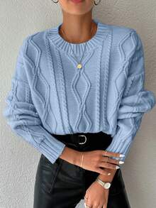 EURMUSE 1pc Women Casual Solid Color Drop Shoulder Loose Cable Knit Blue Sweater - Baby Blue - View 3
