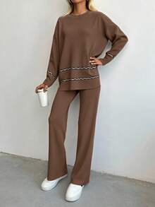 SHEIN Cottnline Solid Drop Shoulder Sweater & Knit Pants - Camel - View 3