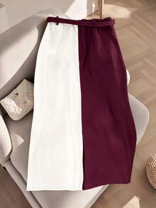 Plus Size Elegant Color Block Design Classic Business Commute Skirt, "Woe Is Me Vibes" Wednesday Aesthetic, Kooky Elegance Collection - Violet Purple - View 4