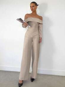 Siren Gaze 2 pièces Top aux épaules dénudées et pantalon, tenue de navette pour femmes. Ensemble une épaule, style de bureau pour l'été. Tenue décontractée chic pour l'automne/hiver à manches longues - Nude - Voir 1