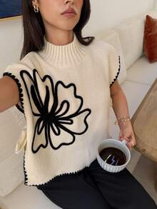 Serisse Áo len dệt kim cổ đứng xẻ tà 3D họa tiết hoa thời trang & thanh lịch dành cho nữ, Áo len thu đông, họa tiết thêu kiểu Pháp, cổ tròn, áo len màu mơ, mùa đông, năm mới, lễ tạ ơn; Áo len dệt kim, áo len nữ, Cottagecore;, áo buộc phía trước không tay cổ tròn viền tương phản màu mơ họa tiết hoa kiểu Pháp; - Màu be - Xem 4
