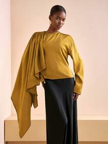 Zivah 2025秋冬新年,情人节,派对,宴会,约会,生日派对,学院风,学生装,日常出游,基础百搭,休闲,邮轮旅行,爆款,优雅,通勤,商务休闲,极简主义,圆领长袖,可拆卸肩带,宽松直筒剪裁,缎面姜黄色,优雅衬衫,通勤衬衫,女士衬衫 - 芥末黃 - 查看 7