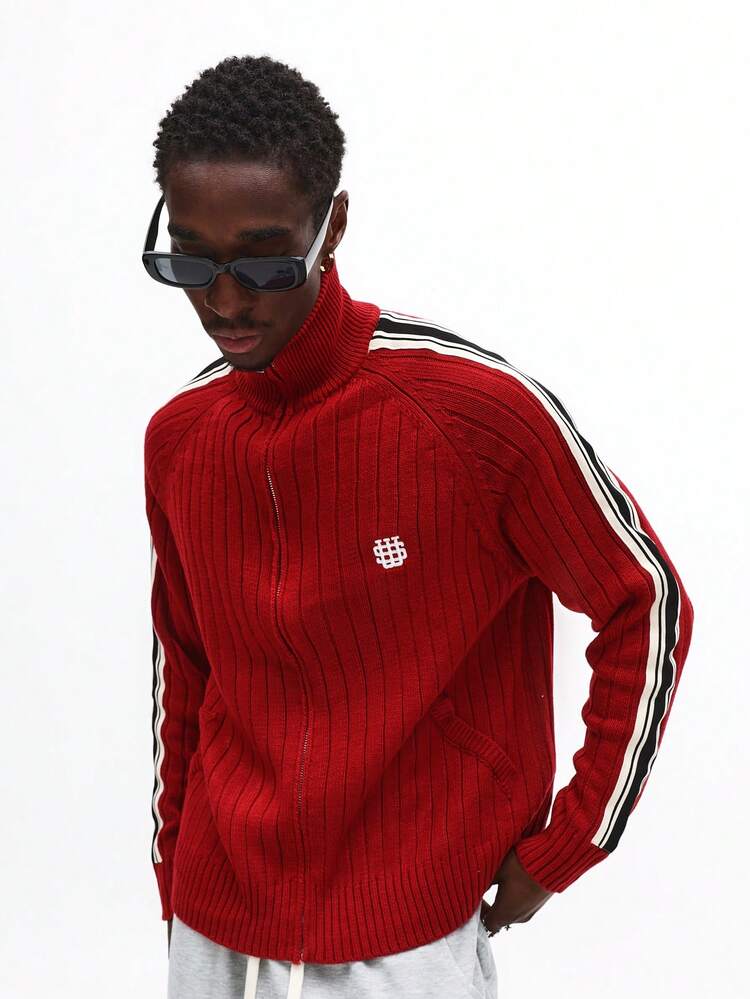 Ribbed Knit Full Zip Cardigan With Contrast Stripes