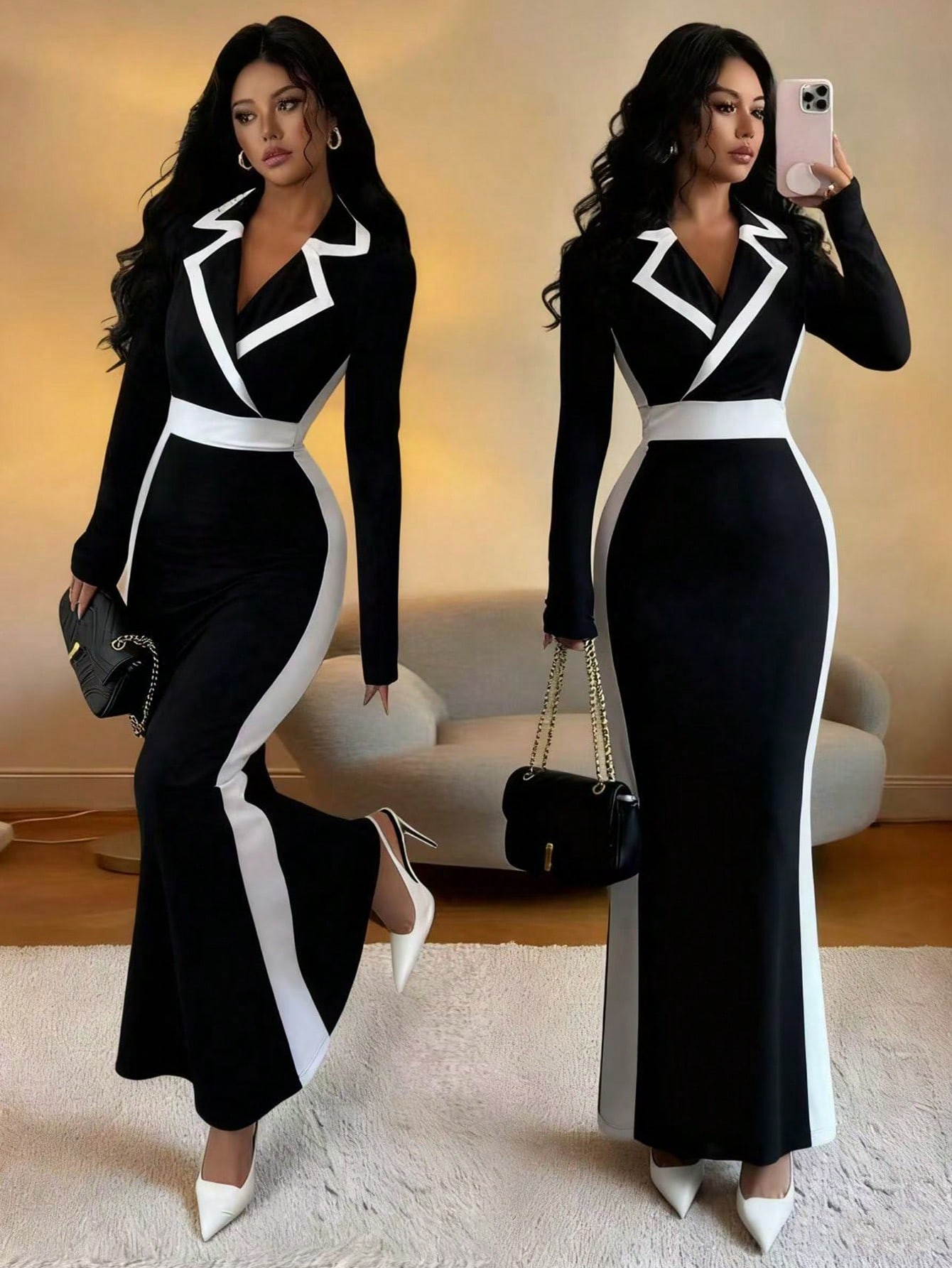 Islaluna فستان أنيق طويل الأكمام مطابق مع تريم متب...