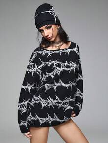ROMWE Grunge Punk Spring/Summer Party Casual Punk Thorn Pattern Loose Pullover Sweater - Black - View 5