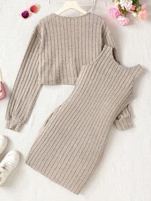 SHEIN Teen Girl Button Front Jacket & Tank Dress - Apricot - View 2