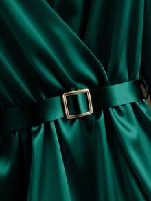 GlowEve Satin + Belt Decor Long Sleeve Midi Dress - Dark Green - View 5