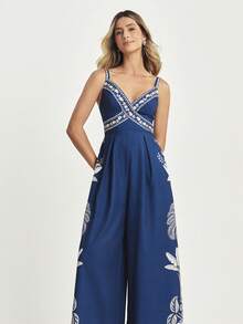 CAJUNI Women's Tropical Print Shirred Back Camisole Wide Leg Jumpsuit, Summer Vacation Style - Blue - View 1