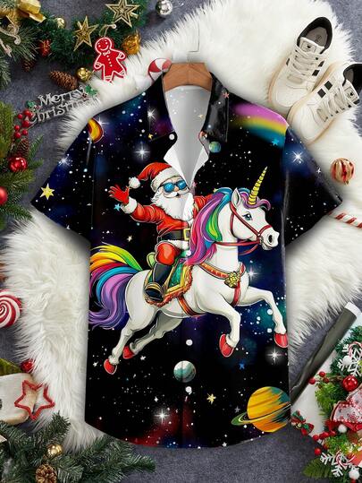 Manfinity Homme 男士休闲圣诞星、圣诞老人、独角兽、宇宙印花黑色修身短袖衬衫