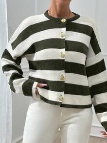 EURMUSE Women Stripe Pattern Round Neck Front Button Cardigan,Long Cardigans Woman,Petite Cardigans,Cardigans - Army Green - View 7