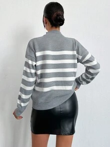 RueChic Striped Pattern Drop Shoulder Sweater - Grey - View 2