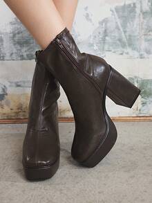 SHEIN X Lucía Bellido Sugerpunk Fashionable & Versatile Simple High Heel Platform Ankle Boots For Christmas - Chocolate Brown - View 11