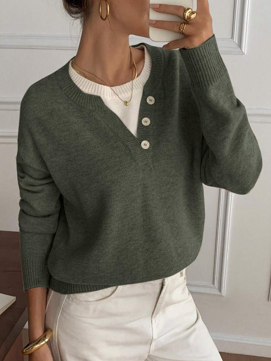 DAZY Casual Color Block Henley Neck Pullover, Soft Knit 2 In 1 Sweater For Women - Dark Green - View 1