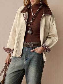 Florisole Women's Vintage Patchwork Collar Textured Dual Pocket Loose Fit Long Sleeve Khaki Jacket, Winter - Khaki - View 5