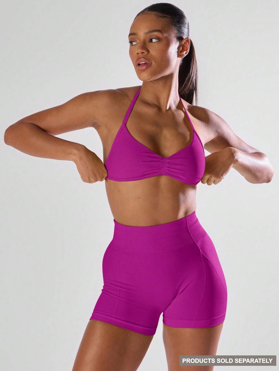 Musera Sport Solid Ruched Bust Open Back Halter Sports Bra, Active Comfy Workout Gym Running Run Club Gym Yoga Pilates Fitness Daily Casual - Red Violet - View 1