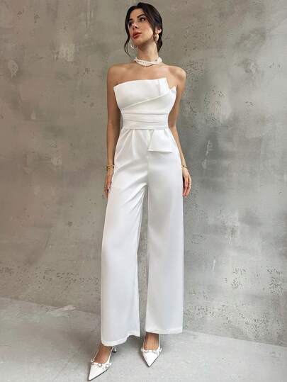 Firerie Women's Elegant Romantic White Strapless Jumpsuit With Asymmetrical Design And Loose Wide-Leg Pants, Suitable For Parties, Formal Events, Summer, Autumn, Graduation Season