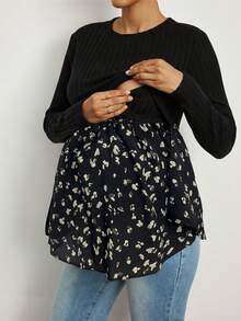 MaterniWear Solid Color Print Patchwork Round Neck Long Sleeve Nursing Top